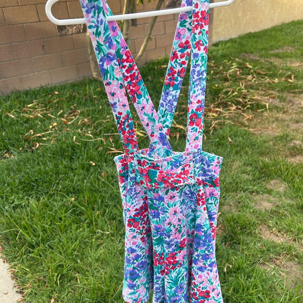 VTG  Floral Cross-Back Girls Overall shorts  - Pink, Purple & Teal